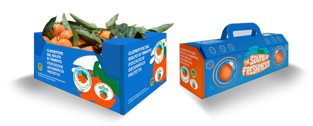 Confezioni sostenibili delle Clementine IGP del Golfo di Taranto, con packaging colorato e conforme al disciplinare
